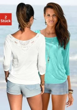 Beachtime Shirt Met 3/4-mouwen Met Leuk Kanten Detail Op De Rug (Set Van 2)
