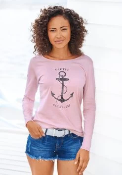 Beachtime T-shirt Met Gesmokte Band (Set Van 2) -Dames Winkel beachtime shirt met lange mouwen met maritieme print voor roze