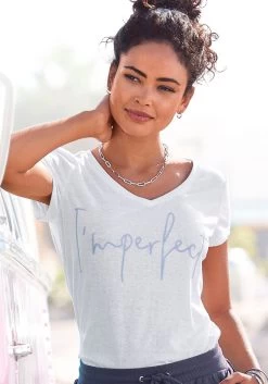 Beachtime Jerseyjurk -Dames Winkel bench shirt met v hals met frontprint wit