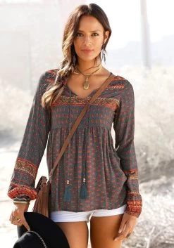 Laura Scott Short 35 Laura Scott Short -Dames Winkel buffalo blouse zonder sluiting met etnoprint bruin 1