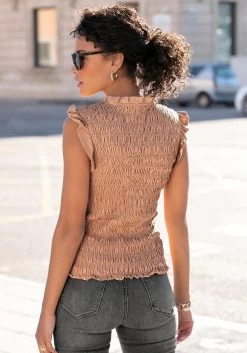 Buffalo Shirt Met Ronde Hals Van Gesmokte Katoenstof -Dames Winkel buffalo shirt met ronde hals van gesmokte katoenstof bruin 3