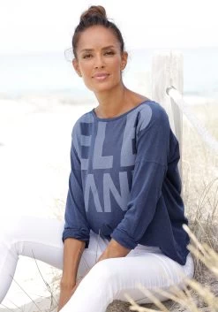 Beachtime Jerseyjurk Met Bladdessin -Dames Winkel elbsand shirt met lange mouwen niola met grote frontprint blauw 6