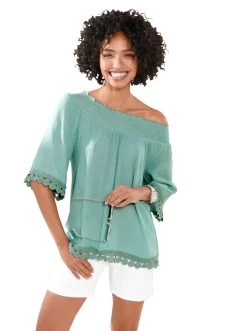 Vivance T-shirt Met Iets Aangerimpelde Hals (Set Van 2) 33 Vivance T-shirt Met Iets Aangerimpelde Hals (Set Van 2) -Dames Winkel heine blouse met carmenhals blauw 3