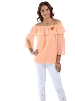 Beachtime T-shirt Modieus Gestreept (Set Van 2) -Dames Winkel lady blouse met carmenhals oranje