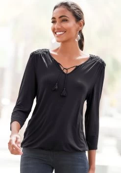 Beachtime Jerseyjurk Met Bloemmotief -Dames Winkel lascana shirt met 3 4 mouwen met gehaakte kant bij de schouders zwart 1