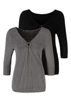 Vivance Shirt Met Lange Mouwen Elastische Katoenkwaliteit (Set Van 2) 36 Vivance Shirt Met Lange Mouwen Elastische Katoenkwaliteit (Set Van 2) -Dames Winkel lascana shirt met 3 4 mouwen met ingewerkte ring in hoorn look voor set van 2 zwart