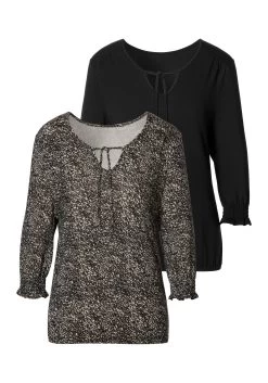 Beachtime Jerseyjurk -Dames Winkel lascana shirt met 3 4 mouwen met strikje met vetersluiting set van 2 zwart