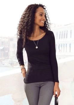 Vivance T-shirt Met Uitsparingen In De Mouwen -Dames Winkel lascana shirt met lange mouwen ribshirt met rechte zoom zwart