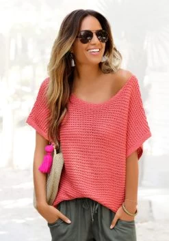 Nature By PRIMETTA Zonnebril -Dames Winkel lascana trui met korte mouwen in luchtig ajourbreisel rood