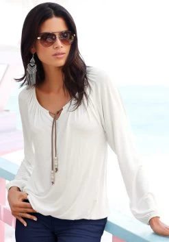 Beachtime Strandjurk Met Bandjes Aan De Mouwen -Dames Winkel soliver red label beachwear strandshirt met strikbandjes bij de hals beige 9