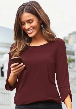 Vivance T-shirt Met Modieus Gehaakte Kant 23 Vivance T-shirt Met Modieus Gehaakte Kant -Dames Winkel vivance shirt met 3 4 mouwen met modieuze manchetten en goudkleurige knopen rood