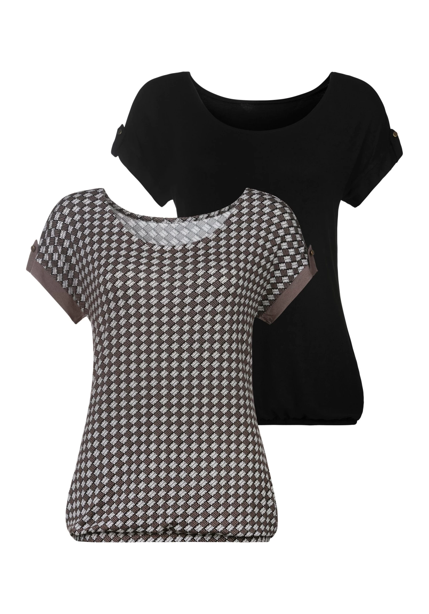 Vivance T-shirt Met Klein Beleg En Goudkleurige Knoop Onder Aan De Mouwen (Set Van 2) 1 Vivance T-shirt Met Klein Beleg En Goudkleurige Knoop Onder Aan De Mouwen (Set Van 2)