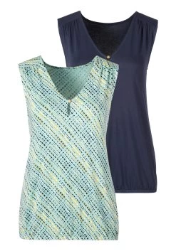 Lady Blouse Met Carmenhals -Dames Winkel vivance tanktop met fijne schouderrimpeling set van 2 blauw 4